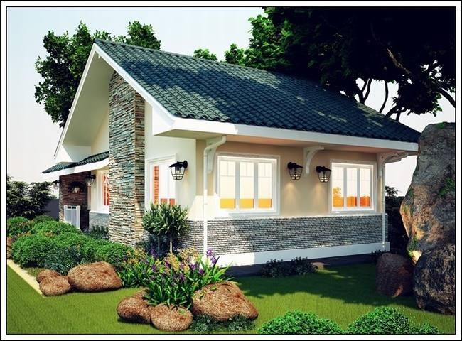 Trang trí sân vườn nhà cấp 4 bằng đá và bụi cây